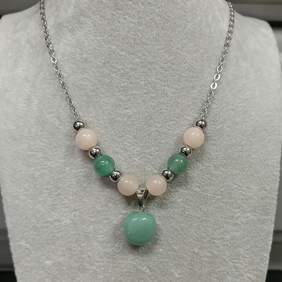 Aventurine Necklace Natural Gemstone Pendant Beads Stainless-Steel Green & Peach - Picture 15 of 17
